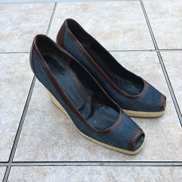 Fendi peep toe denim trim wedge espadrilles 37.5 - Picture 12 of 15